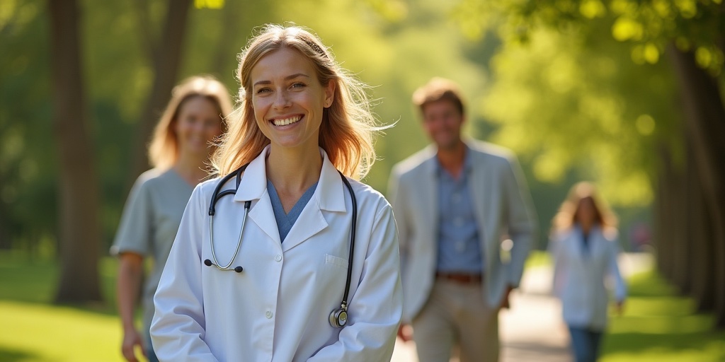 Happy doctor walking outdoors on a sunny day